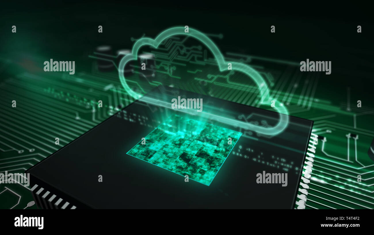 Cyber security concetto con ologramma cloud su cpu di lavoro in background. Elaborazione digitale, server per la memorizzazione dei dati e computer astratto di analisi 3d Foto Stock