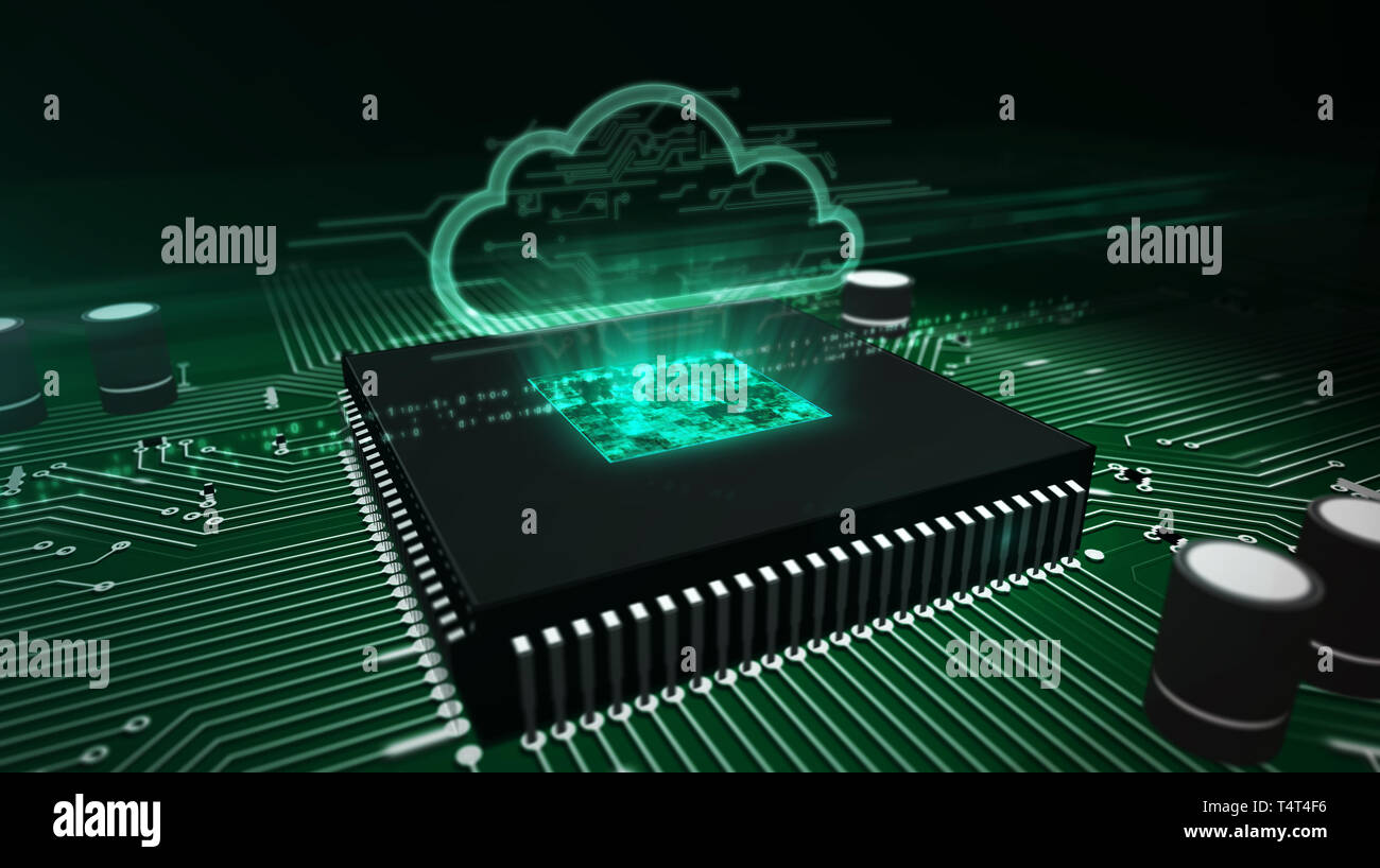 Cyber security concetto con ologramma cloud su cpu di lavoro in background. Elaborazione digitale, server per la memorizzazione dei dati e computer astratto di analisi 3d Foto Stock