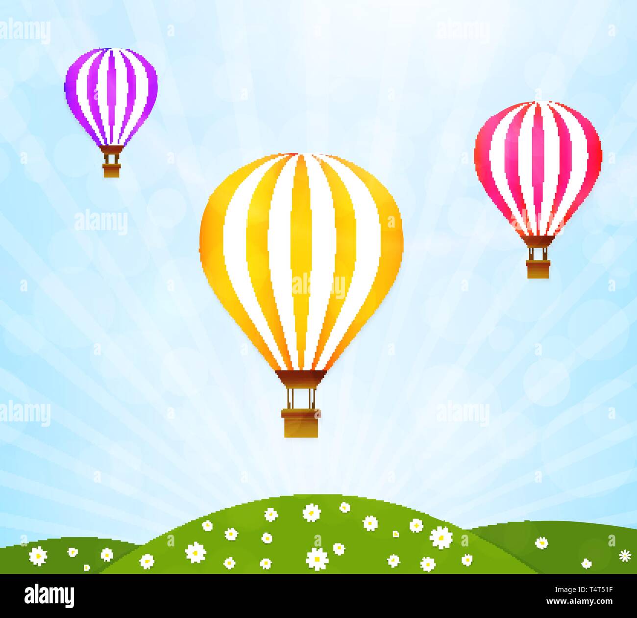 Colorate Mongolfiere sopra il verde paesaggio. Illustrazione Vettoriale Illustrazione Vettoriale