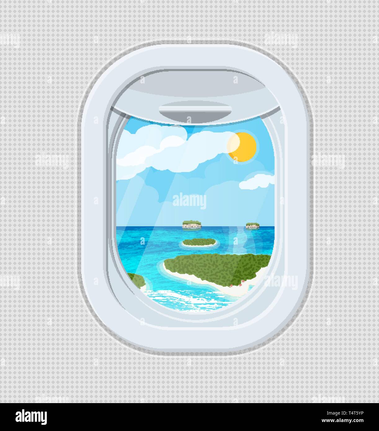 Finestra dall'interno del velivolo. Aeromobile oblò otturatore. Isola tropicale con Palm tree in oceano. Viaggio aereo o il concetto di vacanza. Vector illustrat Illustrazione Vettoriale