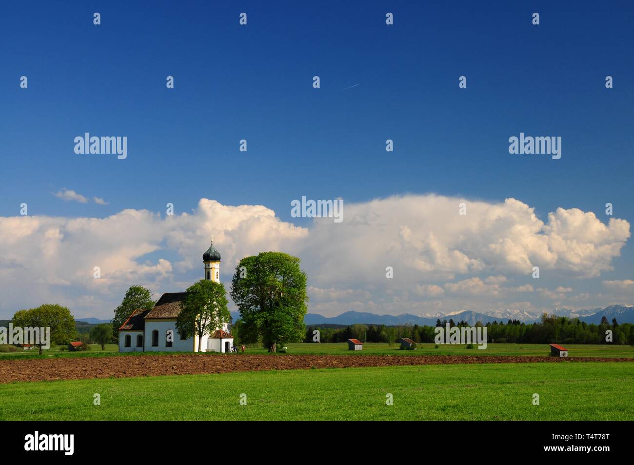 Sankt Johann im Felde, vicino Raisting, Alta Baviera, Weilheim / Schongau, sullo sfondo delle Alpi Bavaresi, Baviera, Germania, Europa Foto Stock