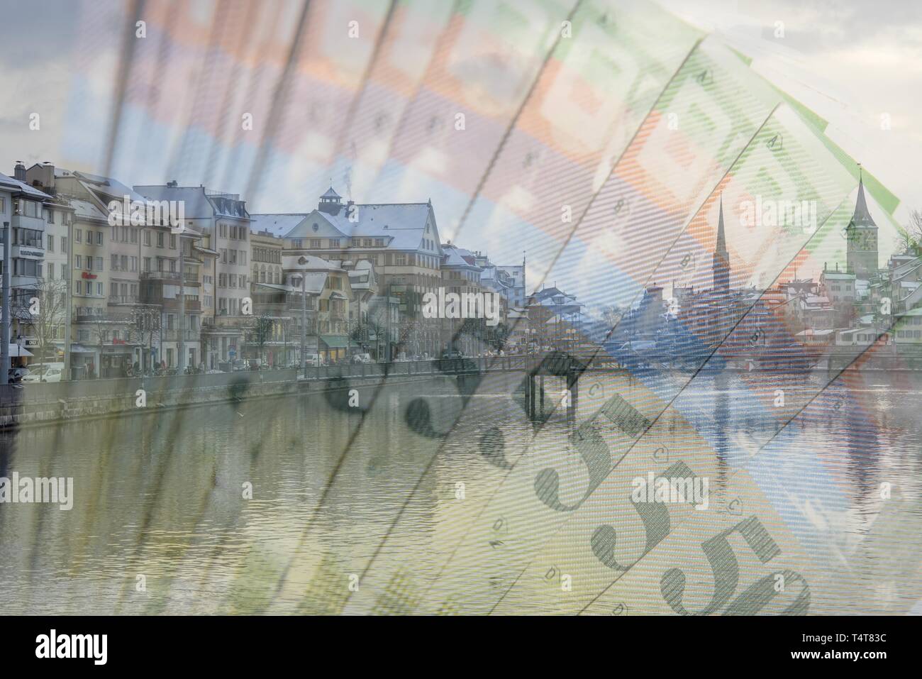 Zurigo con il fiume e il franco svizzero di banconote, foto di simbolo Foto Stock