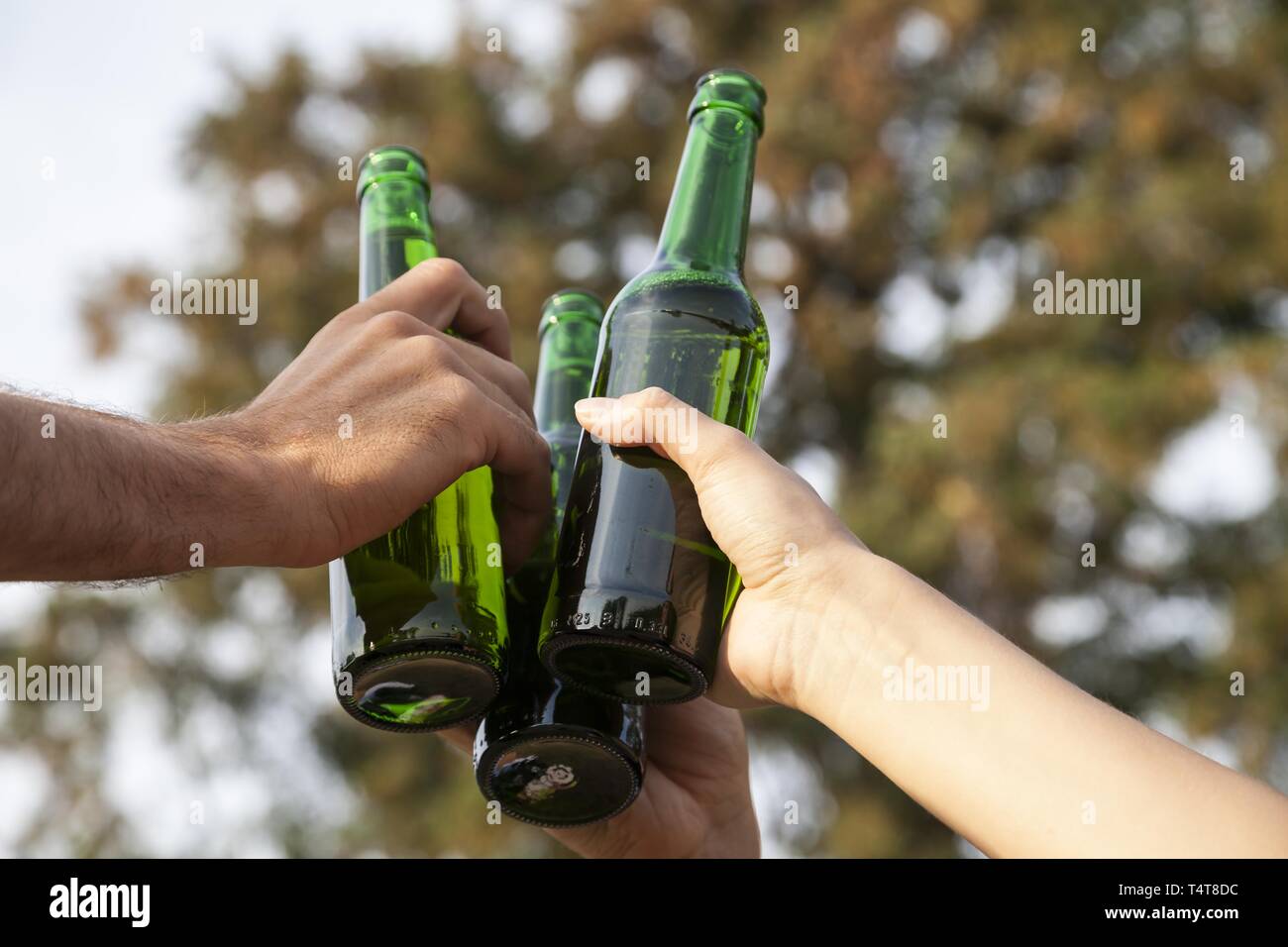 Fare un brindisi con le bottiglie di birra, Germania Foto Stock