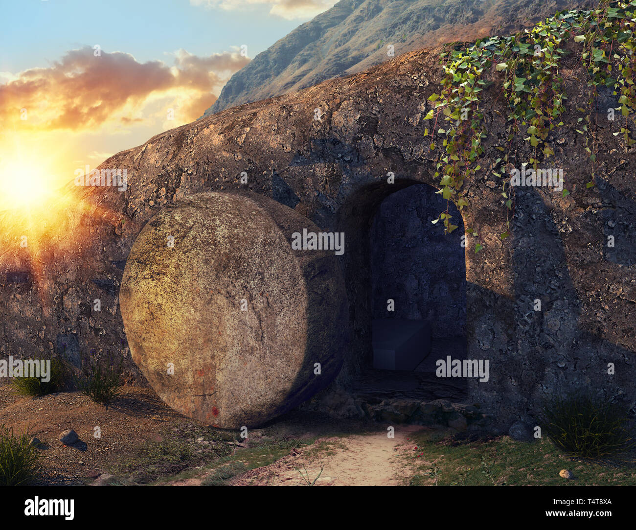 Egli è risorto. Crocifissione di Sunrise. La luce dal di dentro la tomba di Gesù. Vista esterna sulla tomba. 3D illustrazione Foto Stock