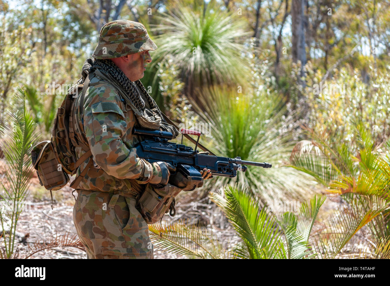 Esercito Australiano soldato di riserva su un esercizio con un LSW MAG 58 mitragliatrice, nel bush australiano. Indossa un tipico 'aussie' Slouch cappello. Foto Stock