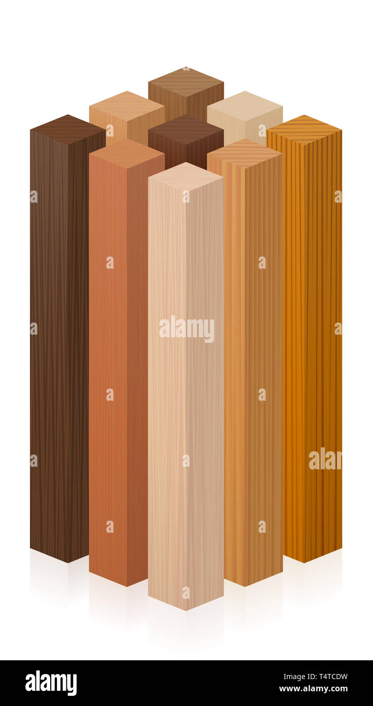 Montanti in legno, piazza di legno campioni. Set di 9 blocchi, pali o bastoni con texture diverse, Colori, smalti, da vari alberi di scegliere. Foto Stock