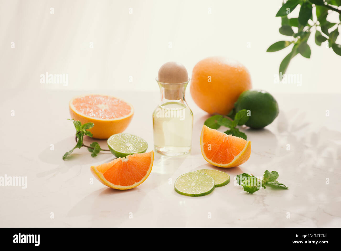 Organici cosmetici con estratti di erbe di limone, arancio, menta su sfondo lucido Foto Stock