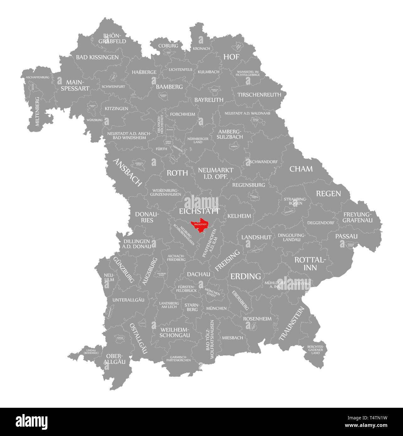 Ingolstadt city county evidenziata in rosso nella mappa di Baviera Germania Foto Stock