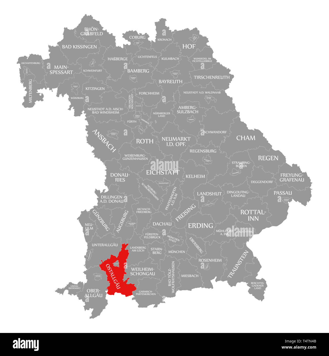 Ostallgaeu county evidenziata in rosso nella mappa di Baviera Germania Foto Stock