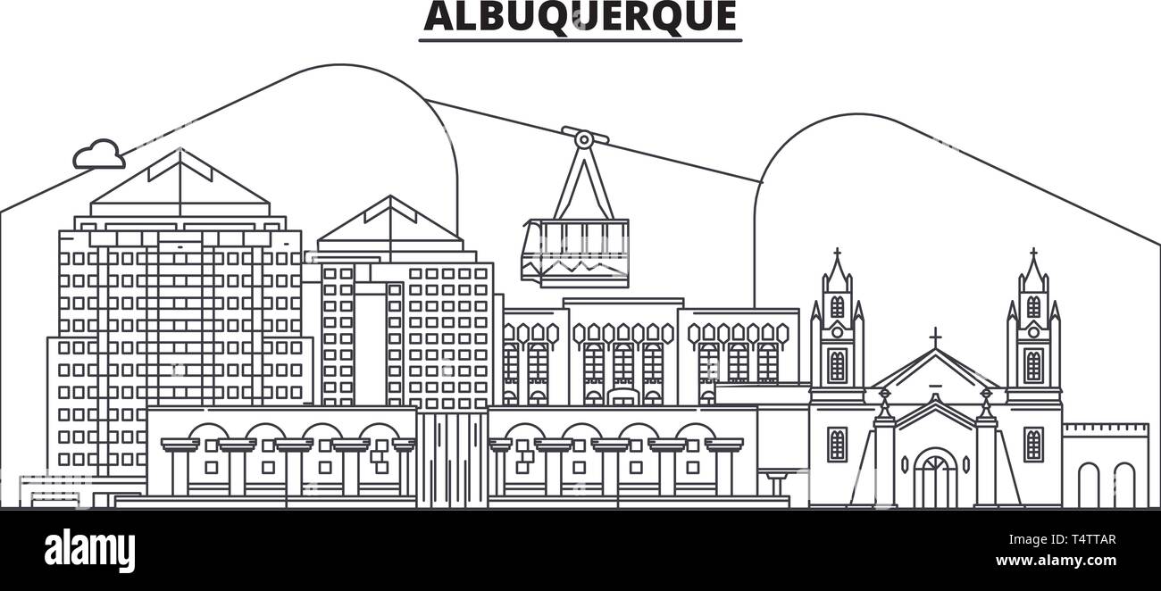 Albuquerque, Stati Uniti, piatto landmarks illustrazione vettoriale. Linea di Albuquerque città con le più famose attrazioni di viaggio, design skyline. Illustrazione Vettoriale