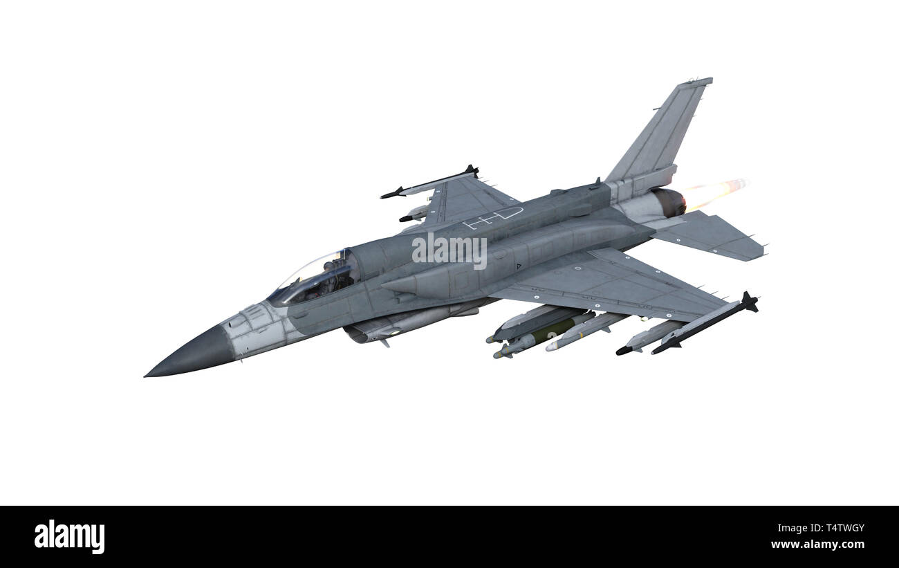 Jet da combattimento aereo in volo, aerei militari, esercito aereo isolato su sfondo bianco, rendering 3D Foto Stock
