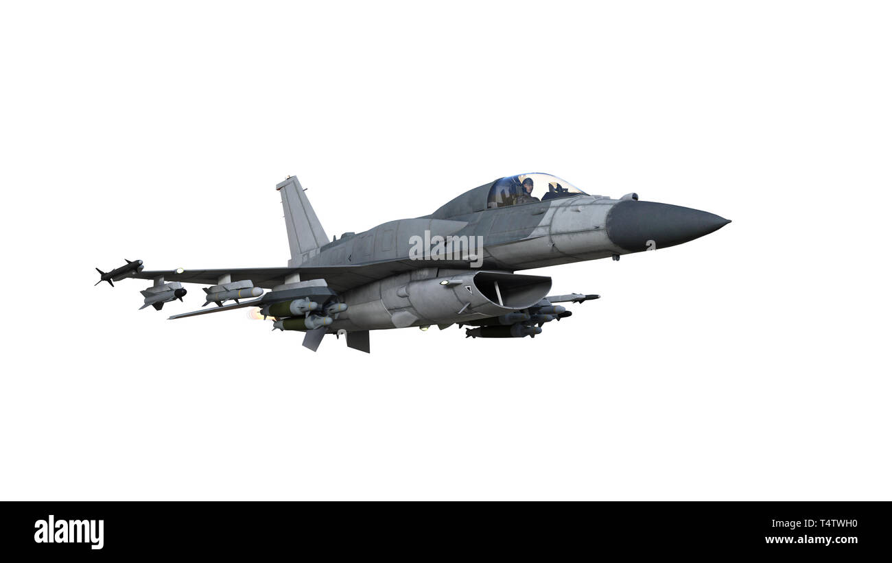 Jet da combattimento aereo in volo, aerei militari, esercito aereo isolato su sfondo bianco, vista dal basso, rendering 3D Foto Stock