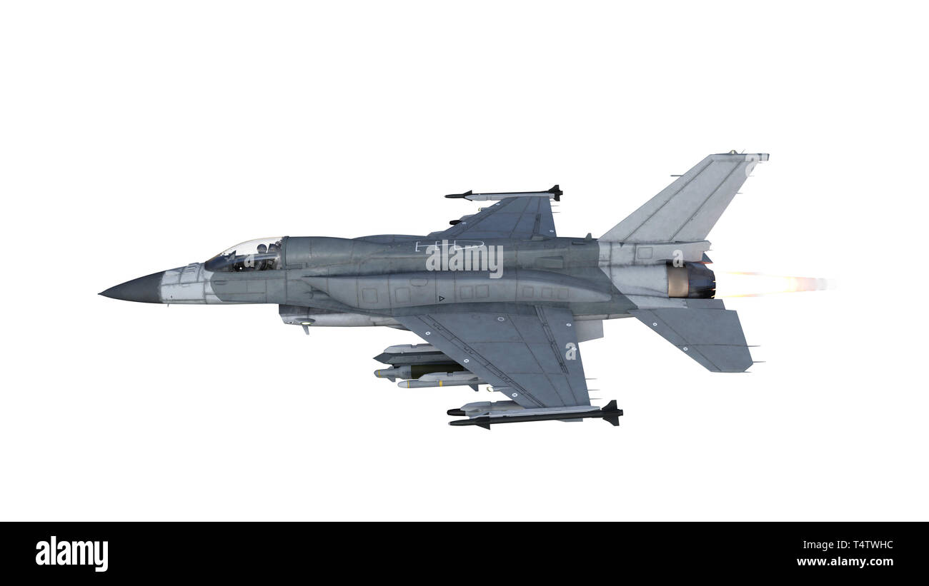 Jet da combattimento aereo in volo, aerei militari, esercito aereo isolato su sfondo bianco, vista laterale, rendering 3D Foto Stock