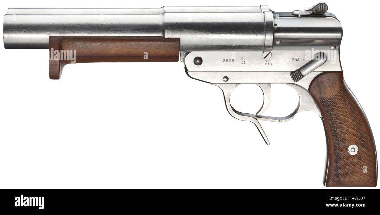 Un segnale flare pistola Walther mod. SLd, codificati 'ac 41', Kriegsmarine (marina), cal. 4 (26.65 mm), n. 2638. I numeri corrispondenti. Fori luminosi, lunghezza 230 mm. Lunghezza totale 345 mm. La prova-mark Zella-Mehlis. Numero di serie 2638 sul lato sinistro del telaio accanto al codice manufacturerïs 'ac 41' e la marina accettazione mark eagle/'HK/M/III/3'. Selettore sul bullone alloggiamento contrassegnato '1' e 'r' per scatto singolo con a sinistra o a destra canna, al di sotto di esso contrassegnato 'Doppel/Schuss" per l'accensione simultanea di entrambi i barili. Tutte le parti prodotte da matt-lucidare Nirosta acciaio di qualità superiore. Di barili con pochi segni di utilizzo, valori minimi, Editorial-Use-solo Foto Stock