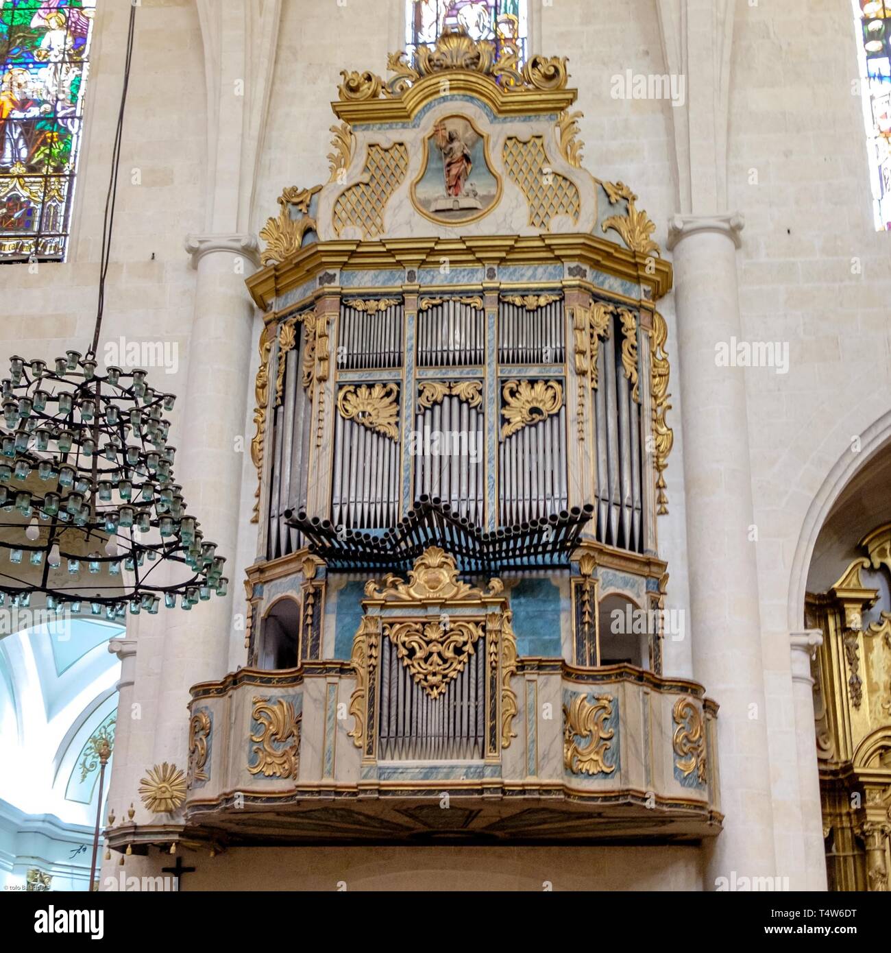 Órgano, construido el año 1612, Parròquia de Sant Joan Baptista, Muro Pla de Mallorca, centro-norte de la Isla, Maiorca, isole Baleari, Spagna. Foto Stock