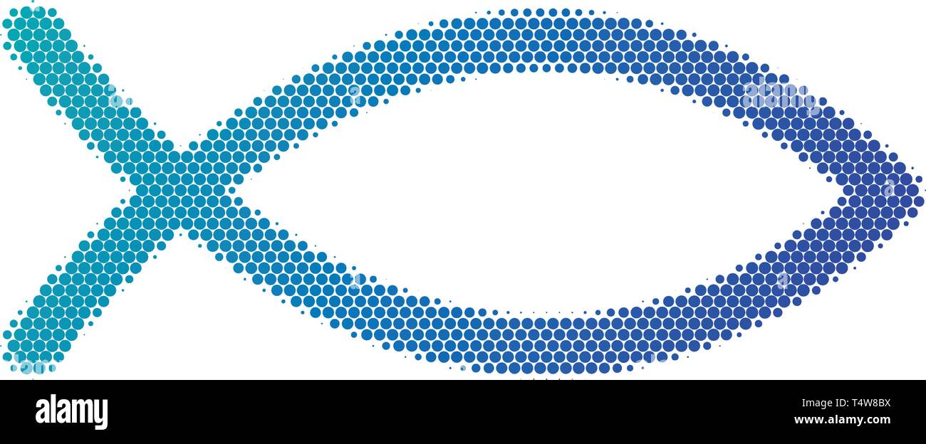 Punteggiate di mezzitoni simbolo cristiano, Gesù icona pesce isolato su sfondo bianco.Il simbolo del pesce è una rappresentazione pittorica della parola greca Ichthys Illustrazione Vettoriale
