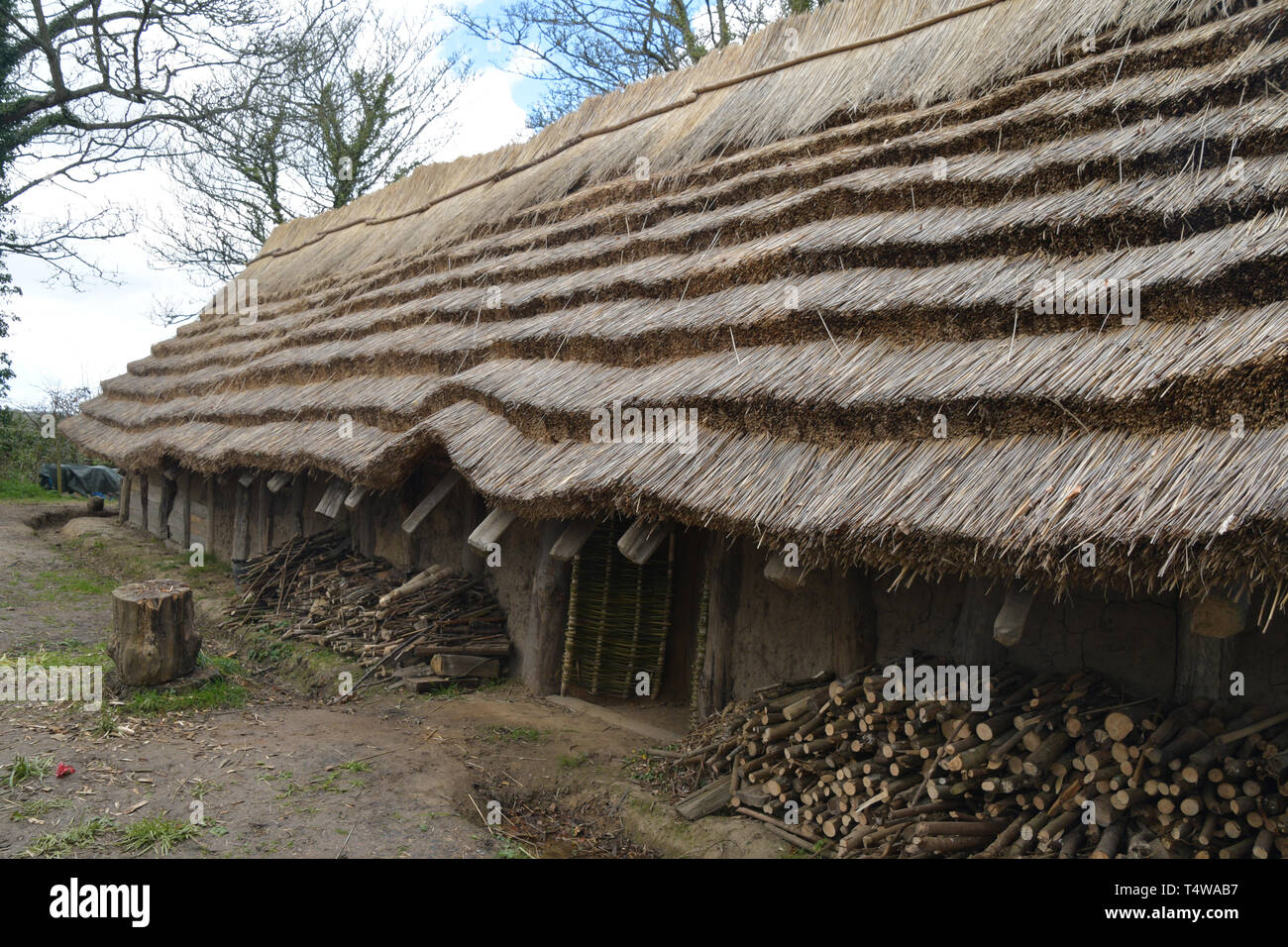 Il neolitico Longhouse presso La Hougue Bie museo è stato costruito utilizzando strumenti antichi e mestieri.Con una lamella tetto di paglia supportato su colonne di legno e ra Foto Stock