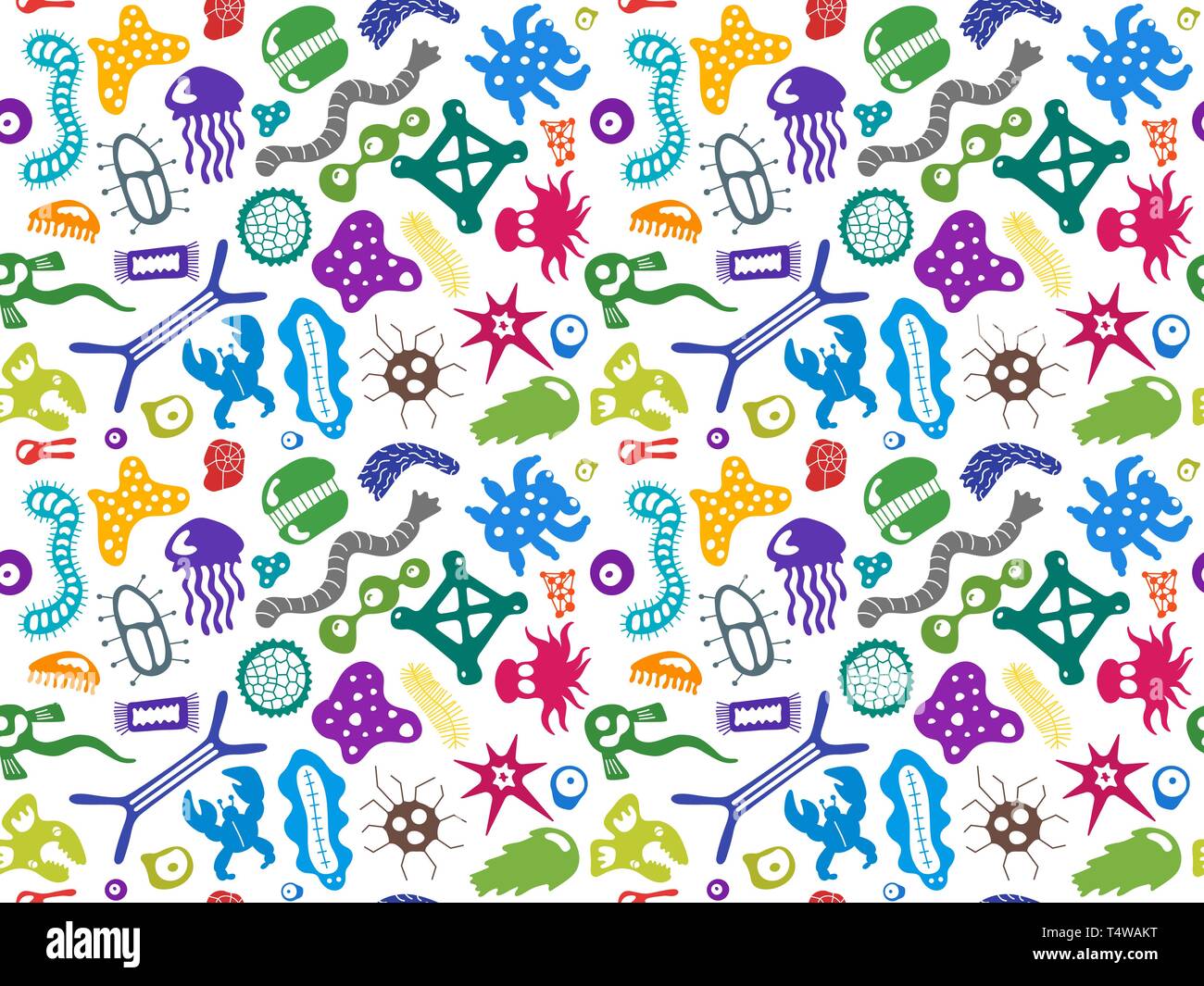 Vari microorganismi seamless pattern. Sfondo con germi infettivi, protisti, microbi, malattia provocando batteri e virus. La biodiversità plancton. Illustrazione Vettoriale