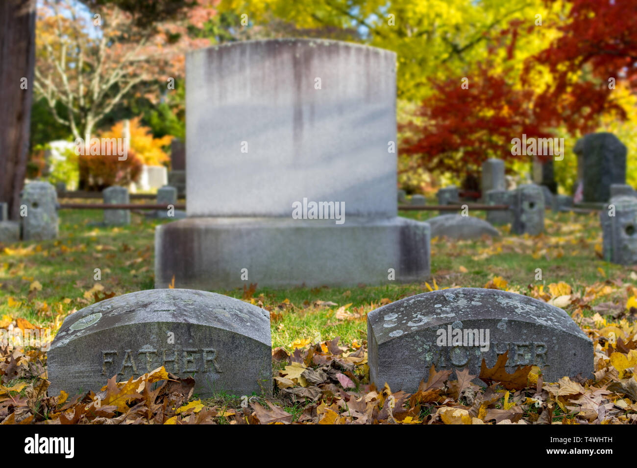 Le lapidi tra il verde di erba e fogliame caduto su una soleggiata giornata di caduta in Upstate New York, NY Foto Stock