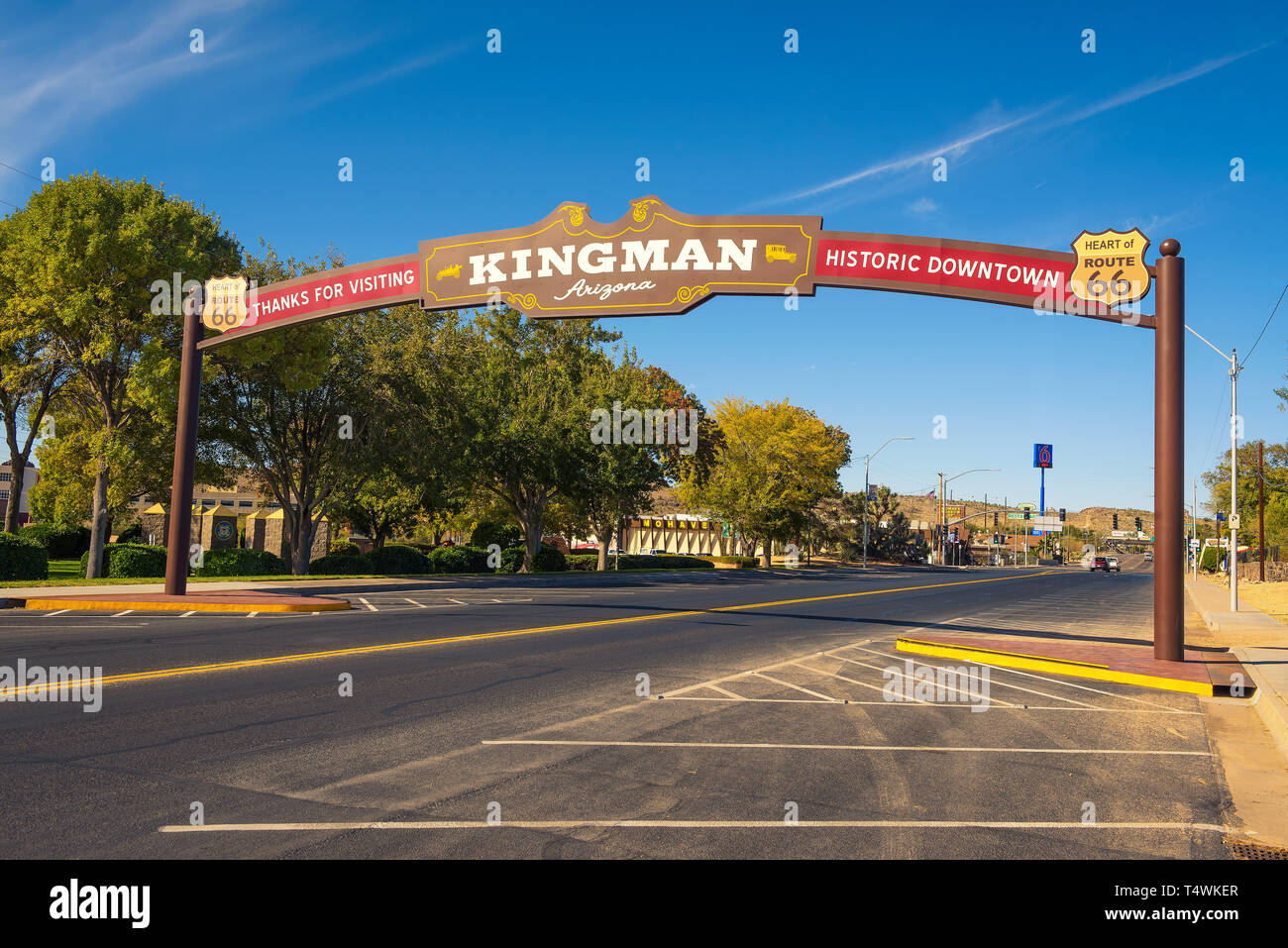 Grazie per la visita Kingman downtown cartello stradale situato sulla storica Route 66 Foto Stock