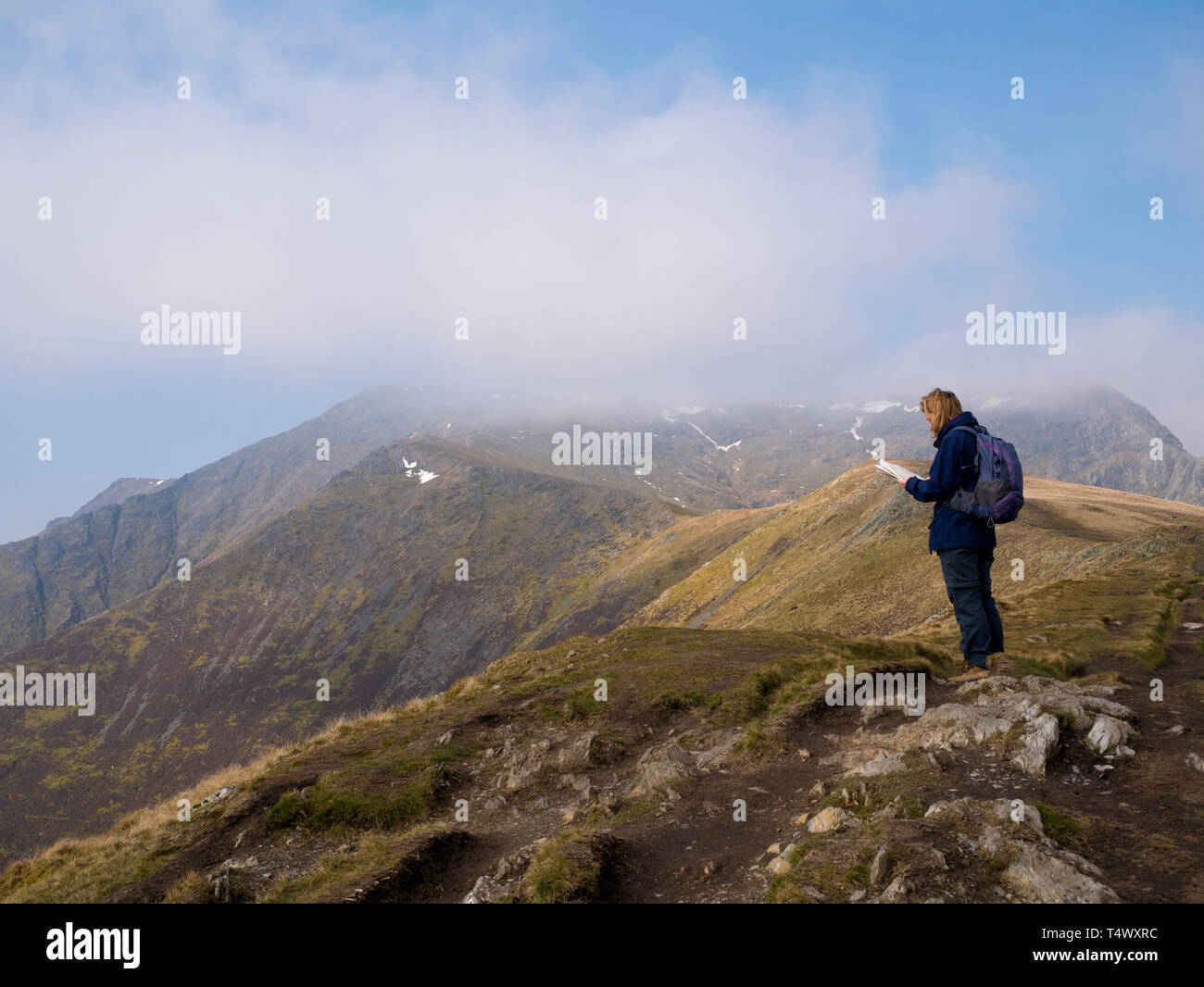 Un camminatore solitario guarda una mappa sulla strada per il vertice di nebbia di Blencathra (noto anche come a doppio spiovente) nel distretto del lago, Cumbria, Regno Unito. Foto Stock