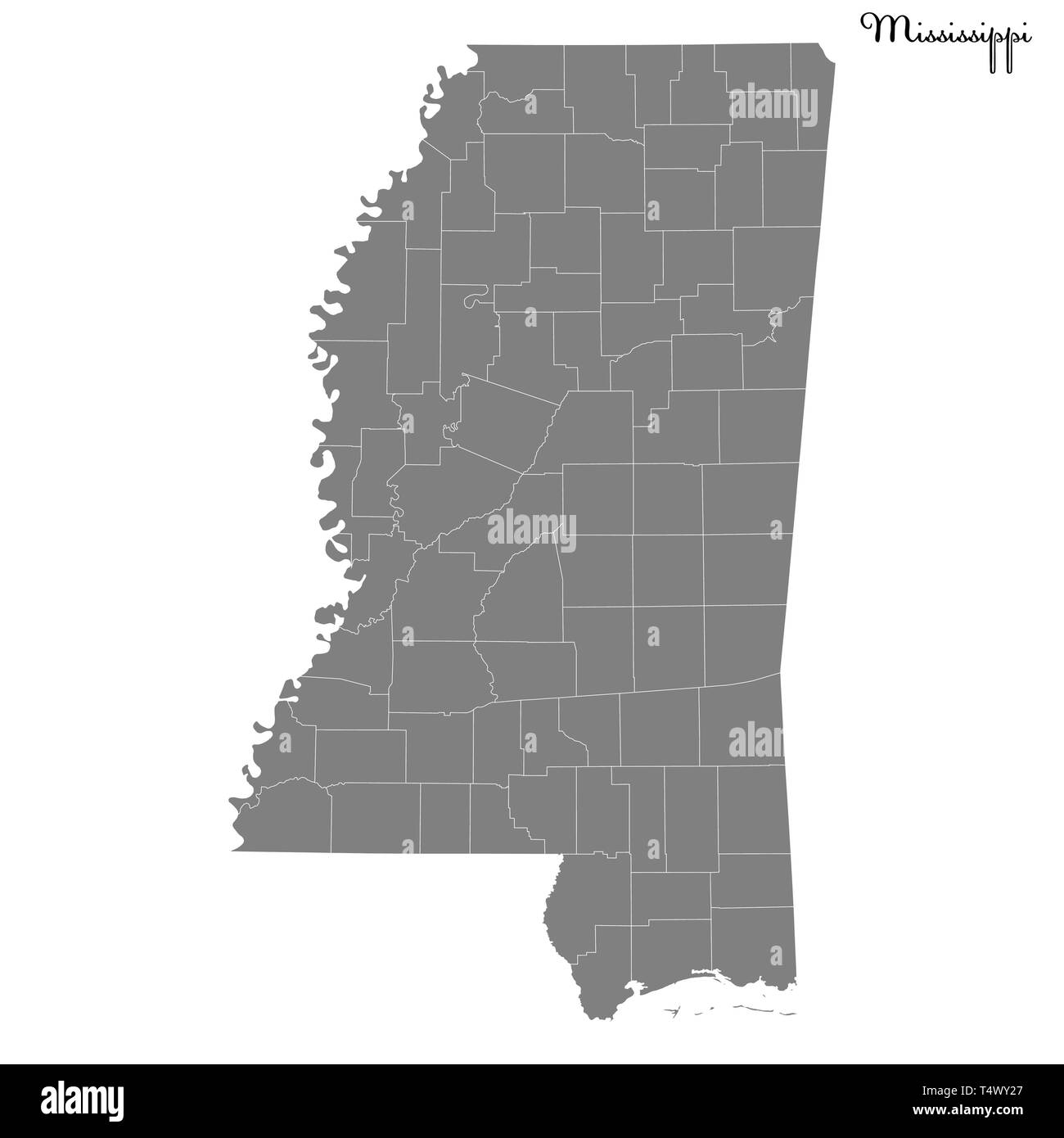 Alta Qualità Mappa del Mississippi è uno stato degli Stati Uniti con i confini delle province Illustrazione Vettoriale