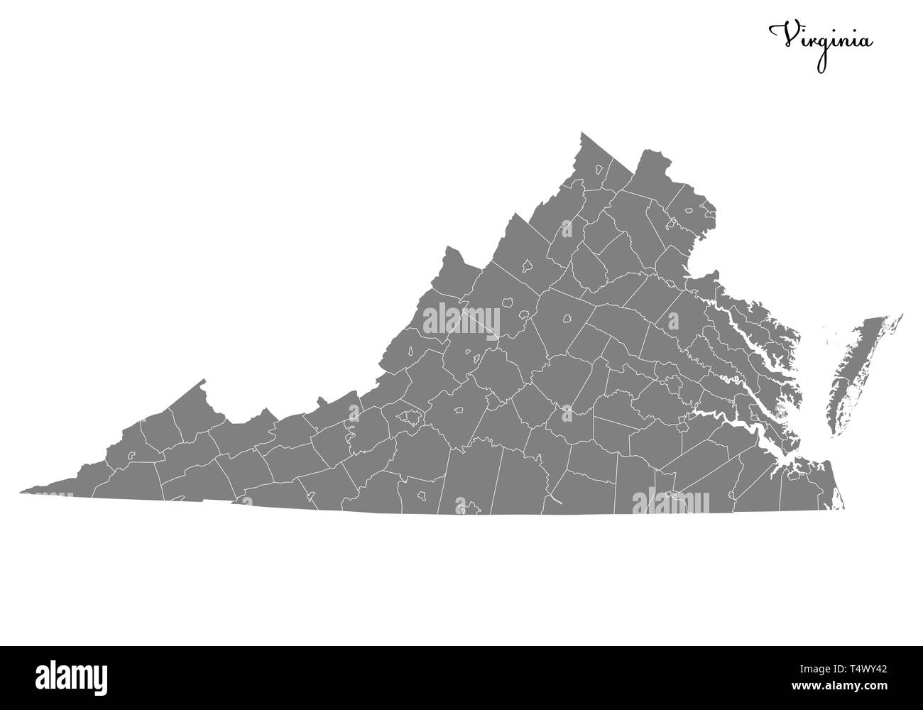 Alta qualità mappa della Virginia è uno stato degli Stati Uniti con i confini delle province Illustrazione Vettoriale