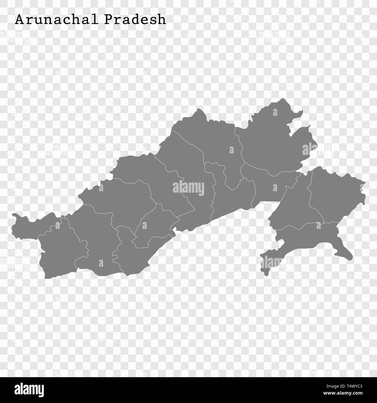 Alta qualità mappa di Arunachal Pradesh è uno stato dell India, con i confini dei distretti Illustrazione Vettoriale