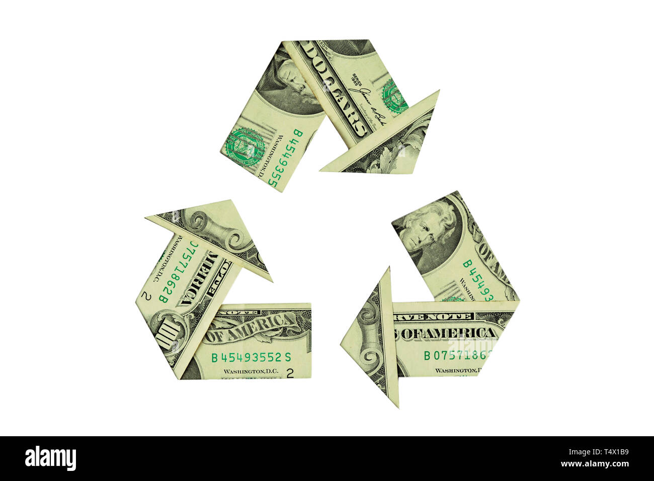 Simbolo di riciclaggio realizzato con banconote di dollari - Ecologia e concetto di riciclaggio Foto Stock