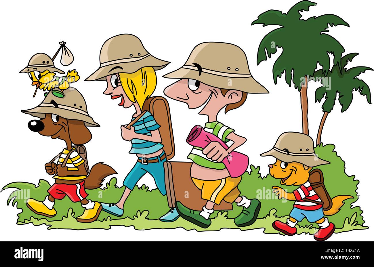 Cartoon la famiglia che va in vacanza con il loro gatto Cane e Uccello illustrazione vettoriale Illustrazione Vettoriale