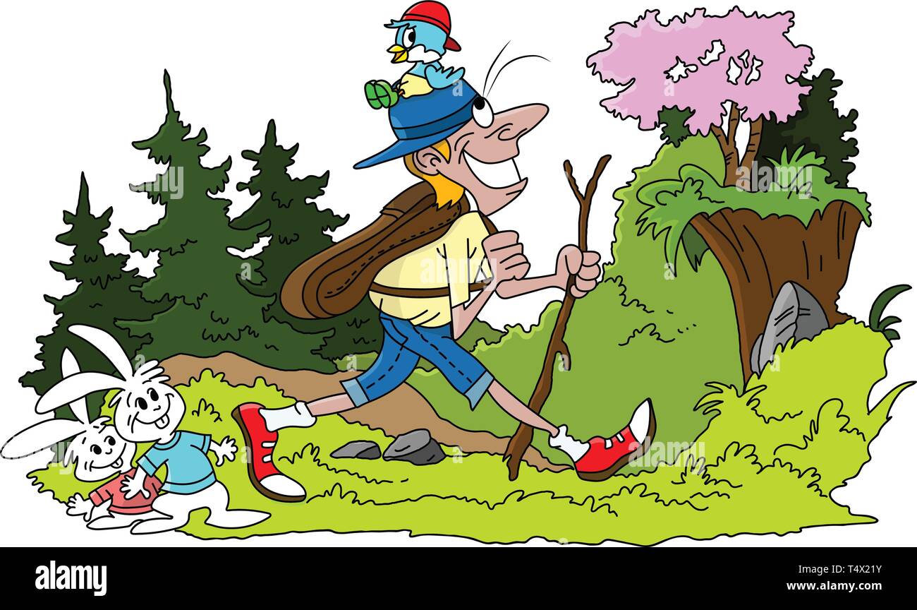 Cartoon uomo trekking nella foresta illustrazione vettoriale Illustrazione Vettoriale