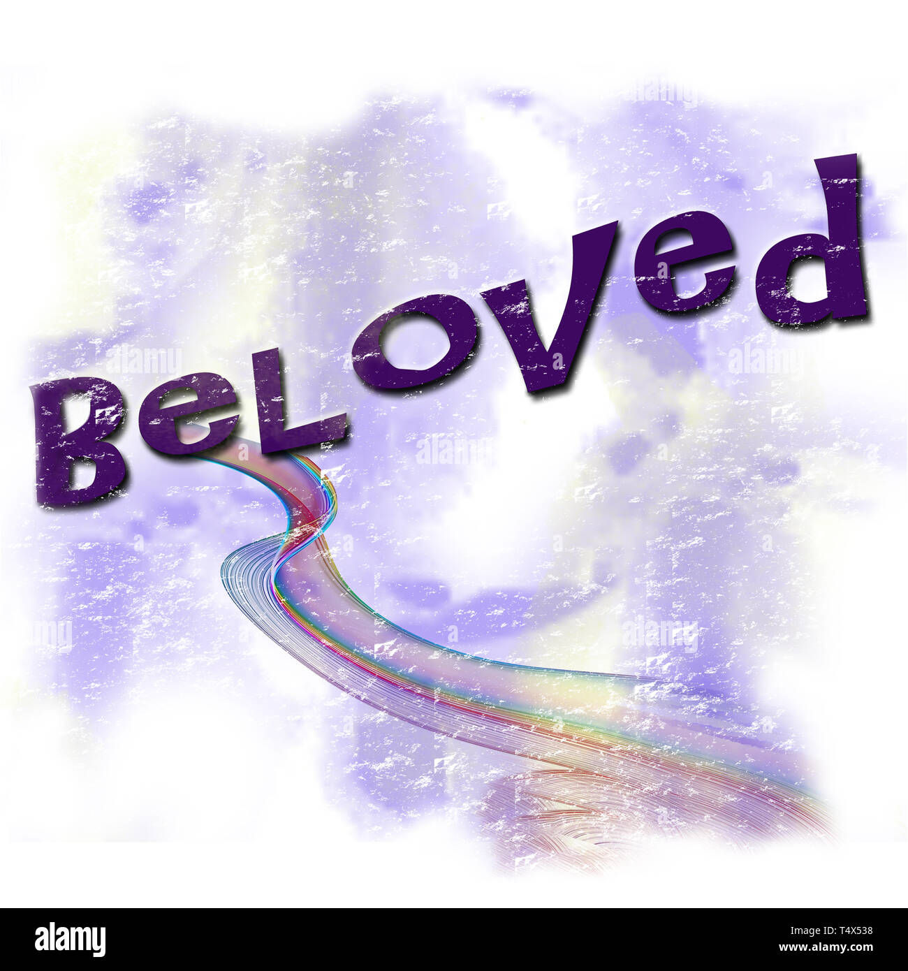 Amato parola grafica con rainbow come nastro di swirl pattern con colori pastello in background con un distressed vibe per questa illustrazione Foto Stock