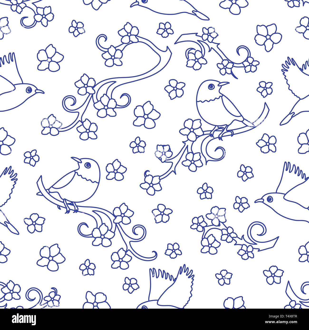 Modello senza cuciture con rami sakura, uccelli. In Giappone la natura. Rami di fiori di ciliegio. Design per scheda, annuncio, pubblicità, banner o stampare Illustrazione Vettoriale