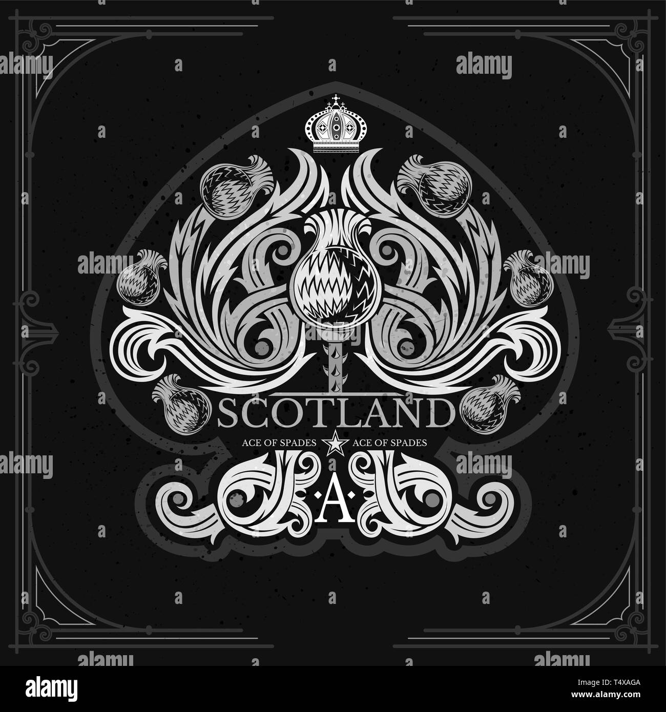 Asso di picche da thistle motivo floreale all'interno. Elemento di design bianco su nero Illustrazione Vettoriale