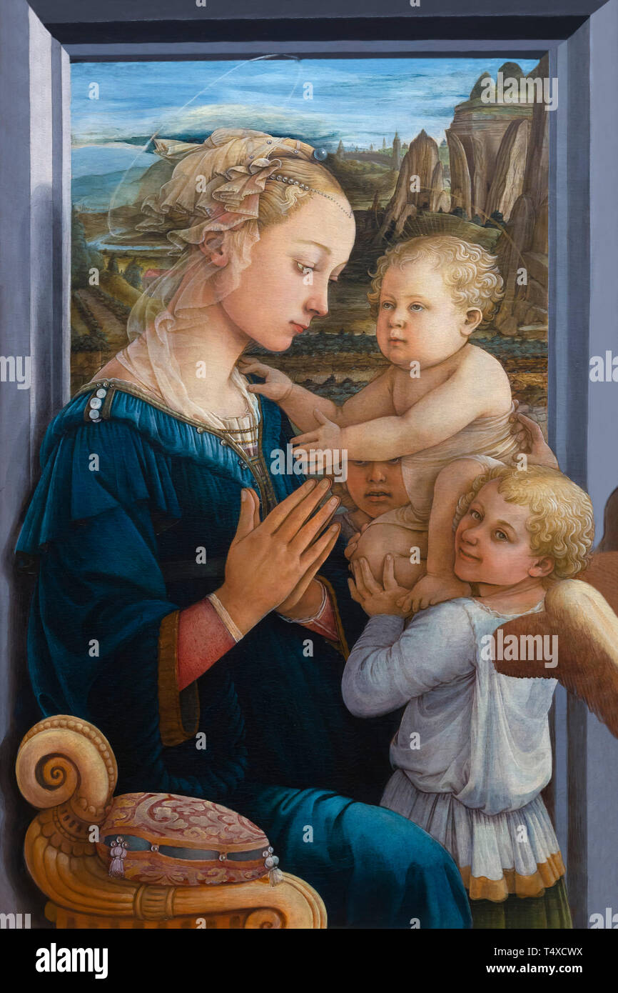 Madonna col Bambino e due angeli, Filippo Lippi, 1460-1465, Galleria degli Uffizi, Galleria degli Uffizi, Firenze, Toscana, Italia Foto Stock