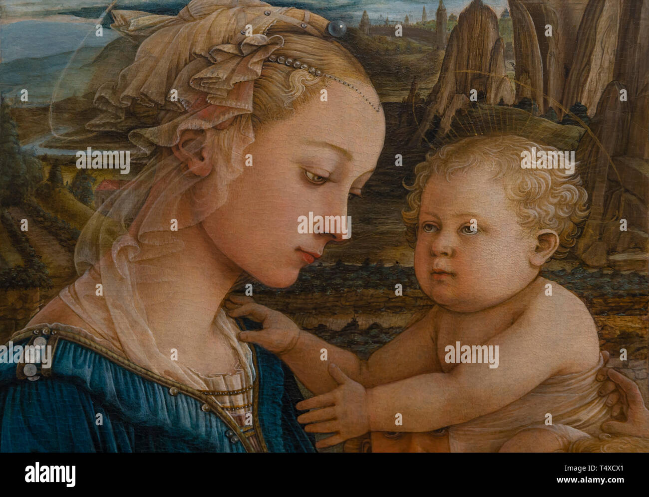 Madonna col Bambino e due angeli, dettaglio, Filippo Lippi, 1460-1465, Galleria degli Uffizi, Galleria degli Uffizi, Firenze, Toscana, Italia Foto Stock