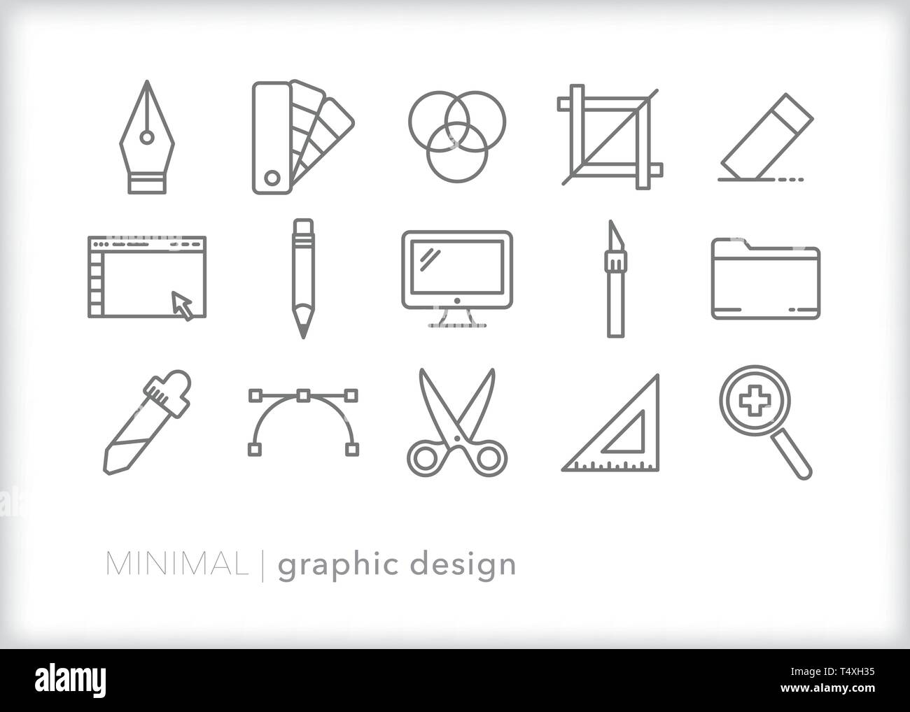 Set di 15 graphic design le icone della linea di strumenti, temi e attività per un graphic designer Illustrazione Vettoriale