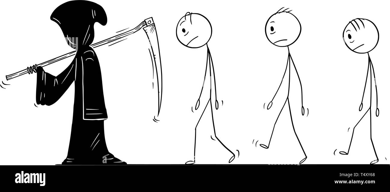 Cartoon stick figura disegno illustrazione concettuale di Grim Reaper con la falce e nella cappa nera e gruppo di uomini morti o le persone che lo seguono. Metafora della morte. Illustrazione Vettoriale