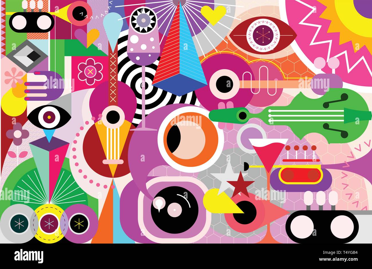 Festival della musica di arte astratta sfondo vettoriale. Design con strumenti musicali, forme geometriche e bicchieri da cocktail. Illustrazione Vettoriale