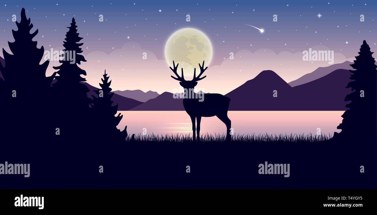 Lonely wildlife renne nella natura del bellissimo lago di notte con la luna piena e cielo stellato paesaggio mistico illustrazione vettoriale EPS10 Illustrazione Vettoriale