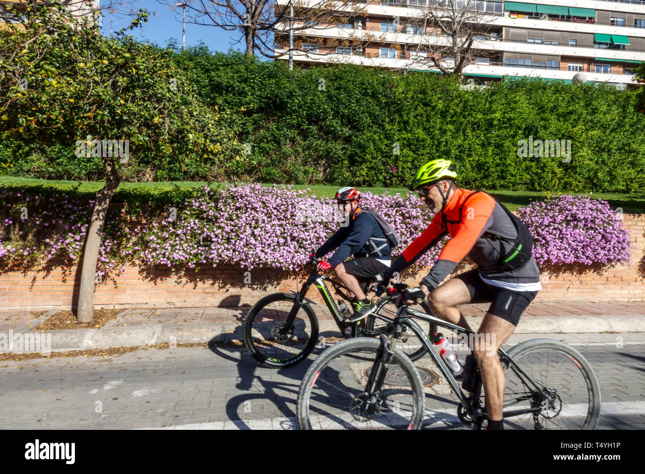 Valencia ciclisti su una pista ciclabile, Valencia Turia giardini ex letto del fiume, Spagna città ciclabile Europa gente bicicletta Spagna città bicicletta Foto Stock
