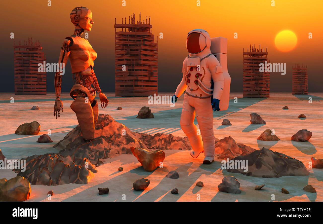 Astronauta umano ad esplorare le rovine di Marte Foto Stock