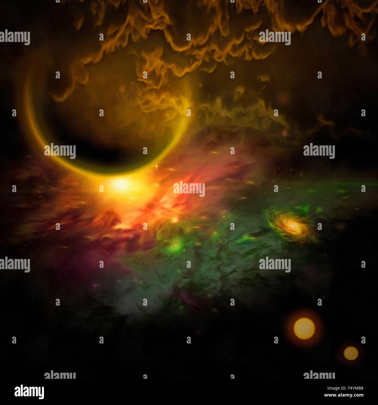 Sole sorge dietro il pianeta, galassie in vivace universo. Foto Stock