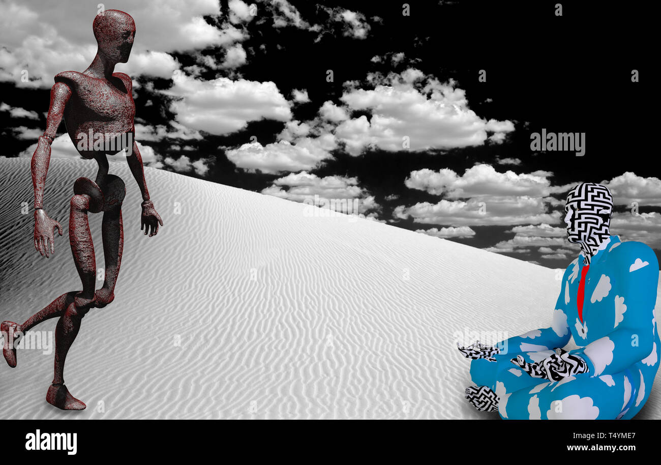 Robot arrugginiti e la figura dell uomo in lotus pongono in White Desert, rendering 3D. Foto Stock