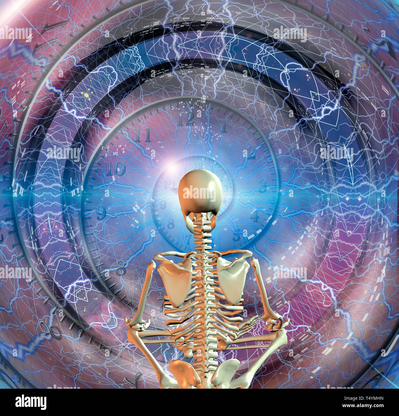 Lo scheletro si siede in posa di lotus prima del tunnel di spazio e di tempo. Foto Stock