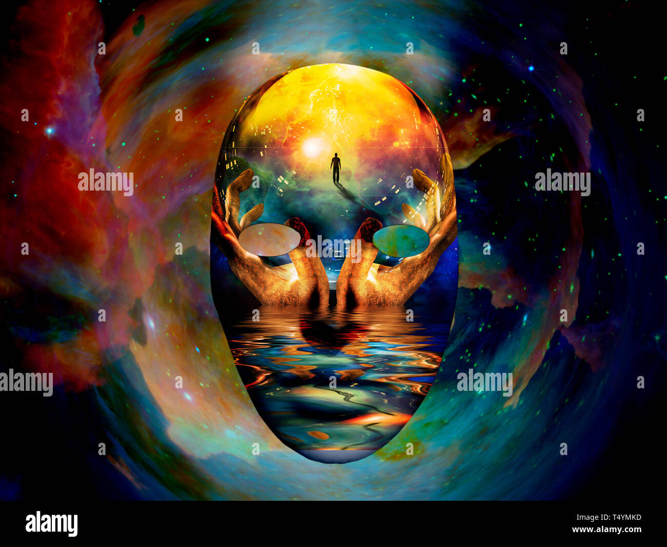 Maschera con l immagine dell uomo, le mani di una preghiera e Riva e colorato universo su sfondo. Foto Stock