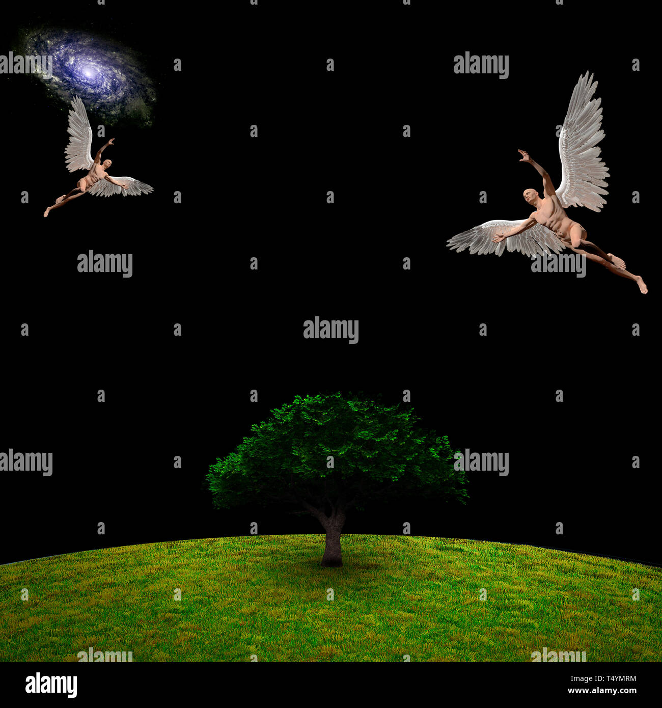 Gli angeli sopra albero verde, rendering 3D. Foto Stock