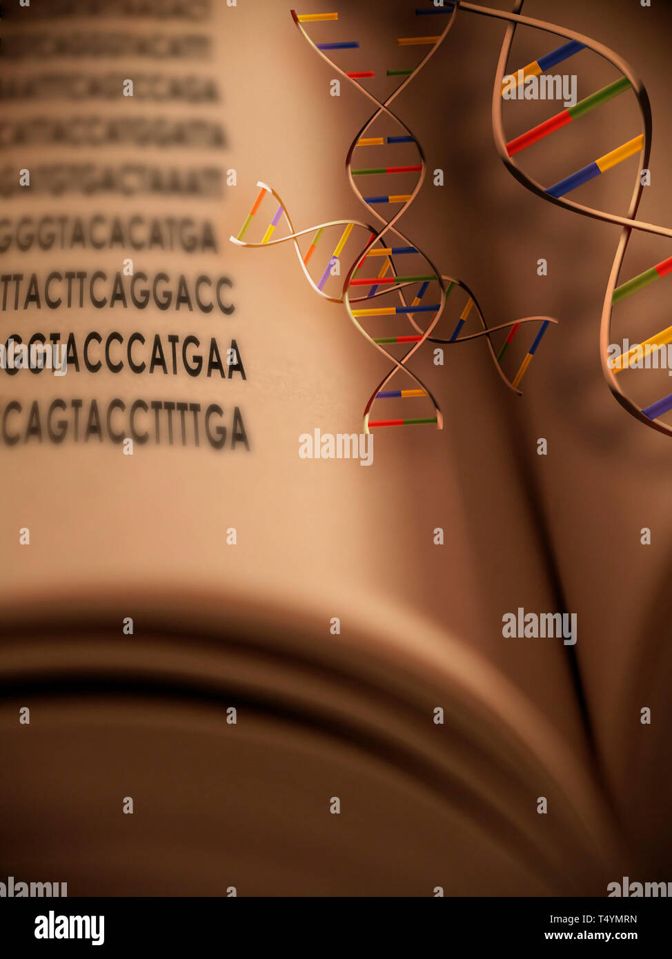 Un libro aperto con filamenti di DNA e codice genetico che scaturisce dal libro Foto Stock