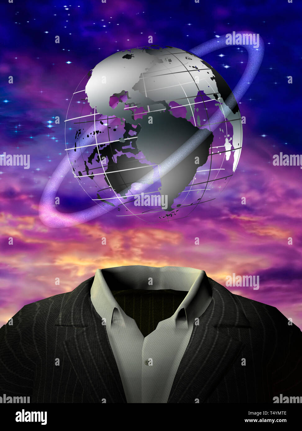 Globo con anello orbitale è al di sopra dell'uomo, vestito viola le nuvole, rendering 3D. Foto Stock