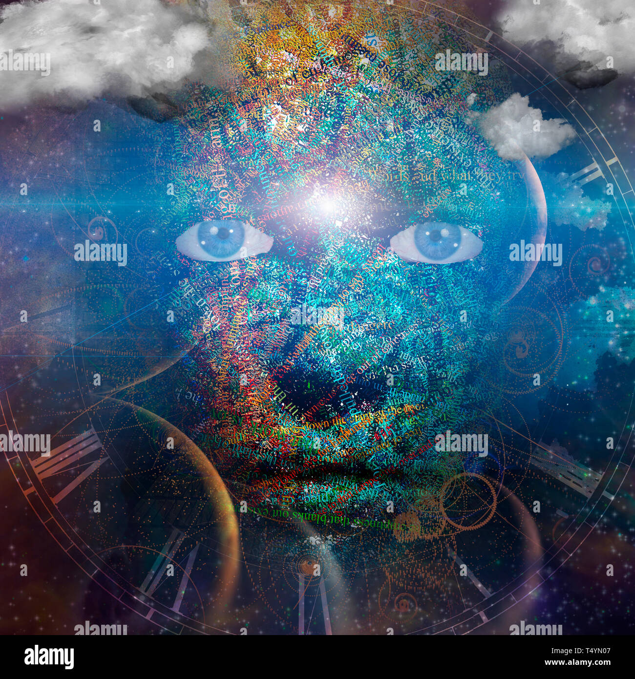 Faccia dell'universo fatto di lettere con le nuvole Foto Stock